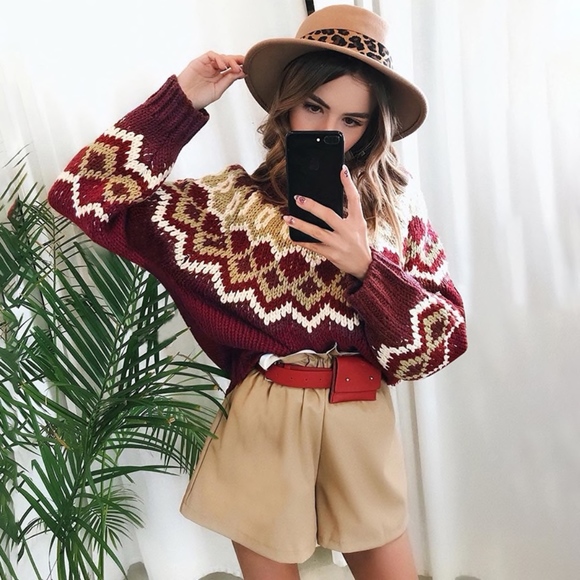 Aztec Pattern Burgundy Knit Pullover Sweater - Picture 5 of 8